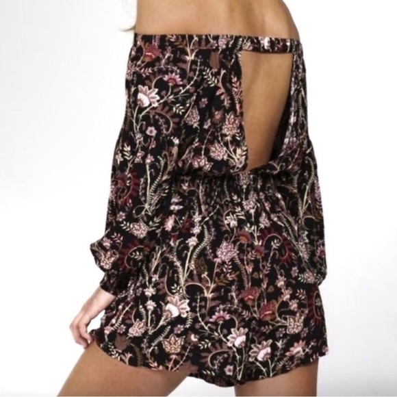 Free People Off-Shoulder Floral Romper in Black and Pink - Picture 3 of 9